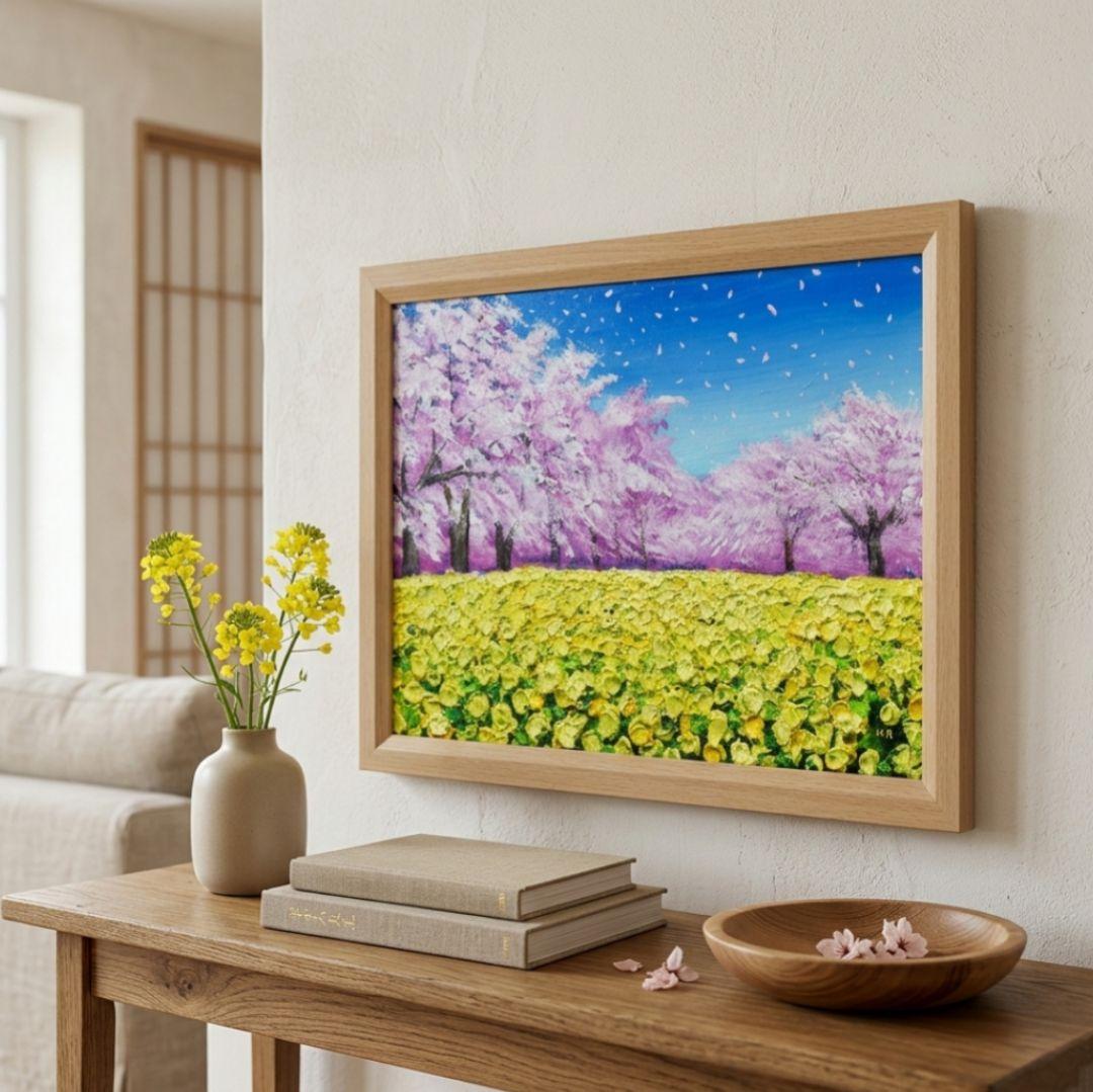 油絵 原画「生命の輝きと春の風」A4 額装付 西都原古墳群 桜 菜の花