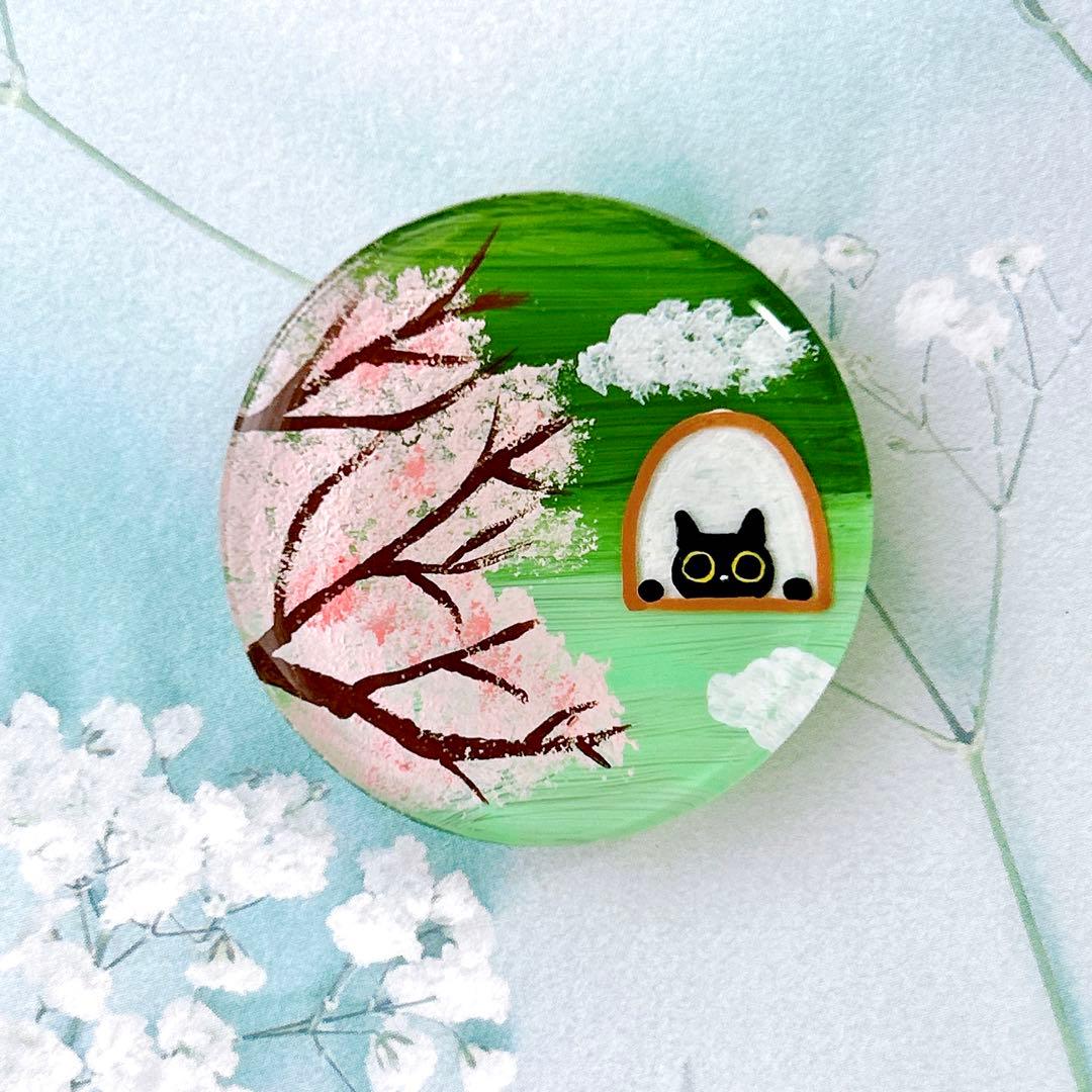 手描き　桜　ひょっこり猫　ヘアゴム　ブローチ　レジン