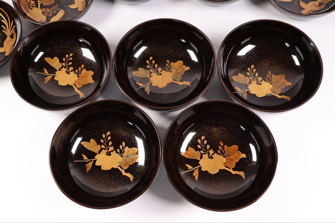【CM452】輪島塗 天然木漆塗 桐鳳凰金蒔絵 黒塗椀 五客 昭和 漆芸 漆器