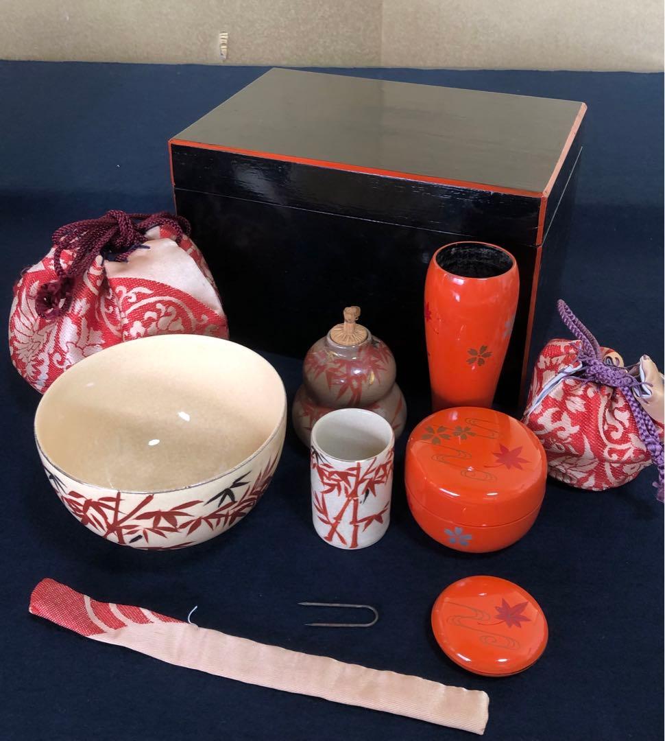 《R》黒柿合塗 爪朱 茶箱 お茶道具7点 仕覆 元箱　260218け4