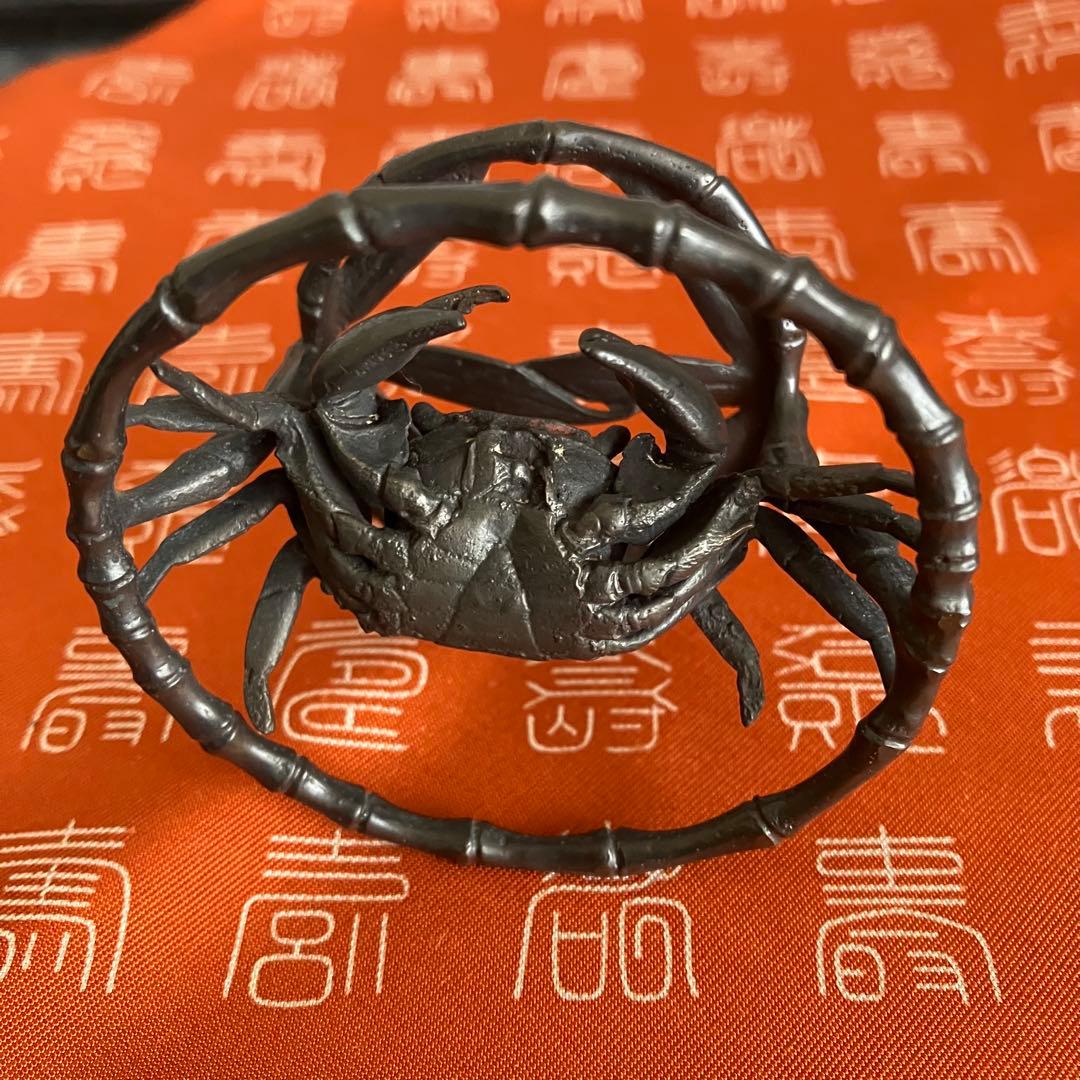 茶道具 一ノ瀬宗辰造 砂張笹蟹蓋置 共箱 共布