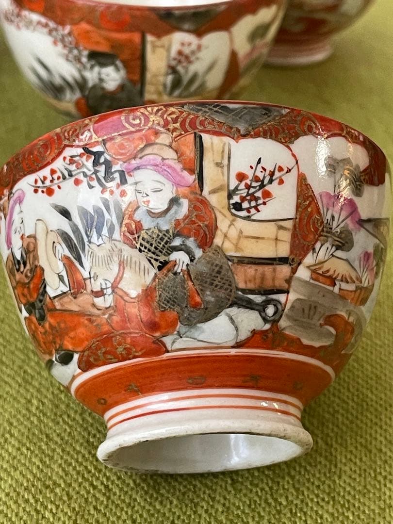 九谷焼　金彩赤絵　小茶器揃　急須と湯呑5客　骨董　(直し有り)