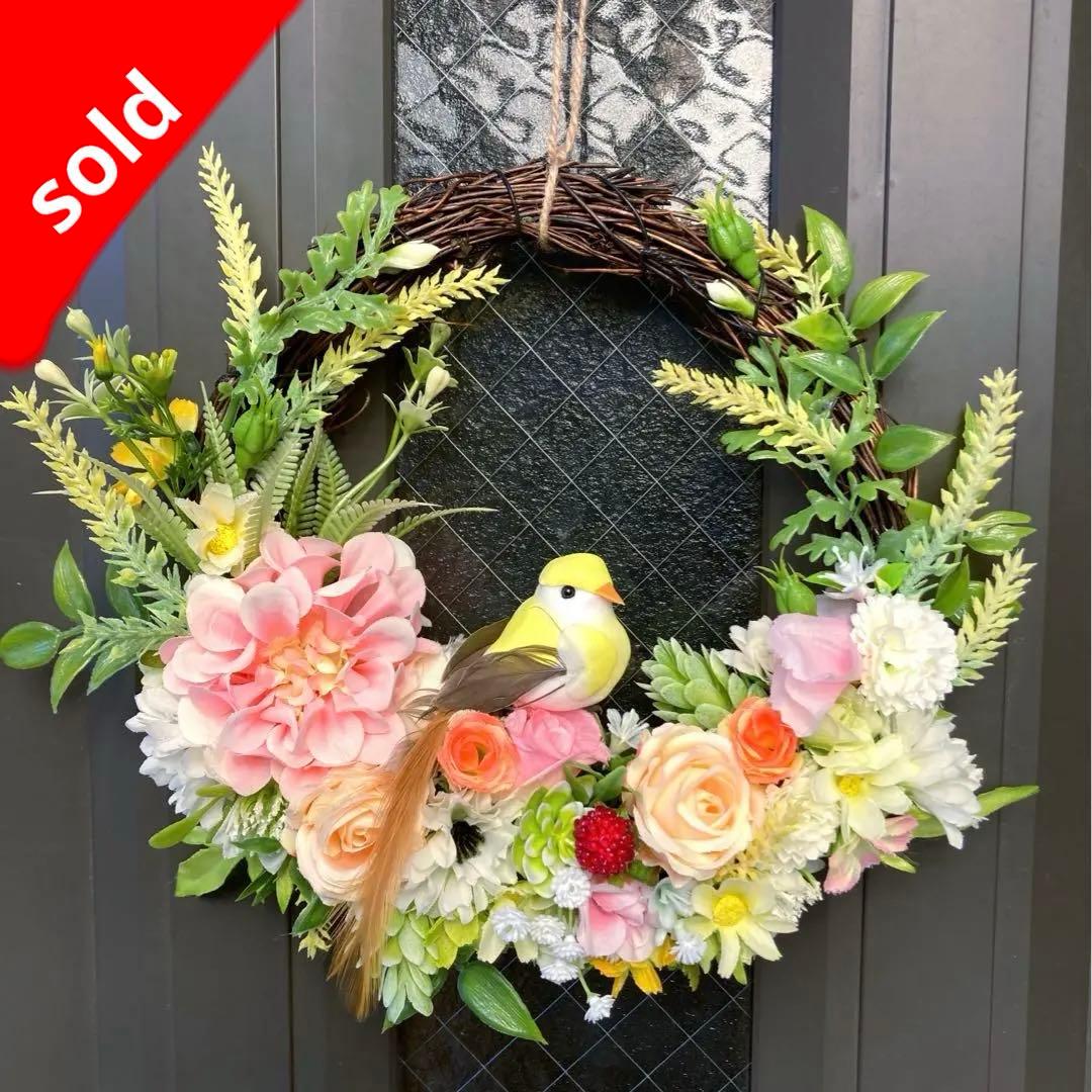 フラワーリース　春　パステルカラー　幸福の鳥　約25cm