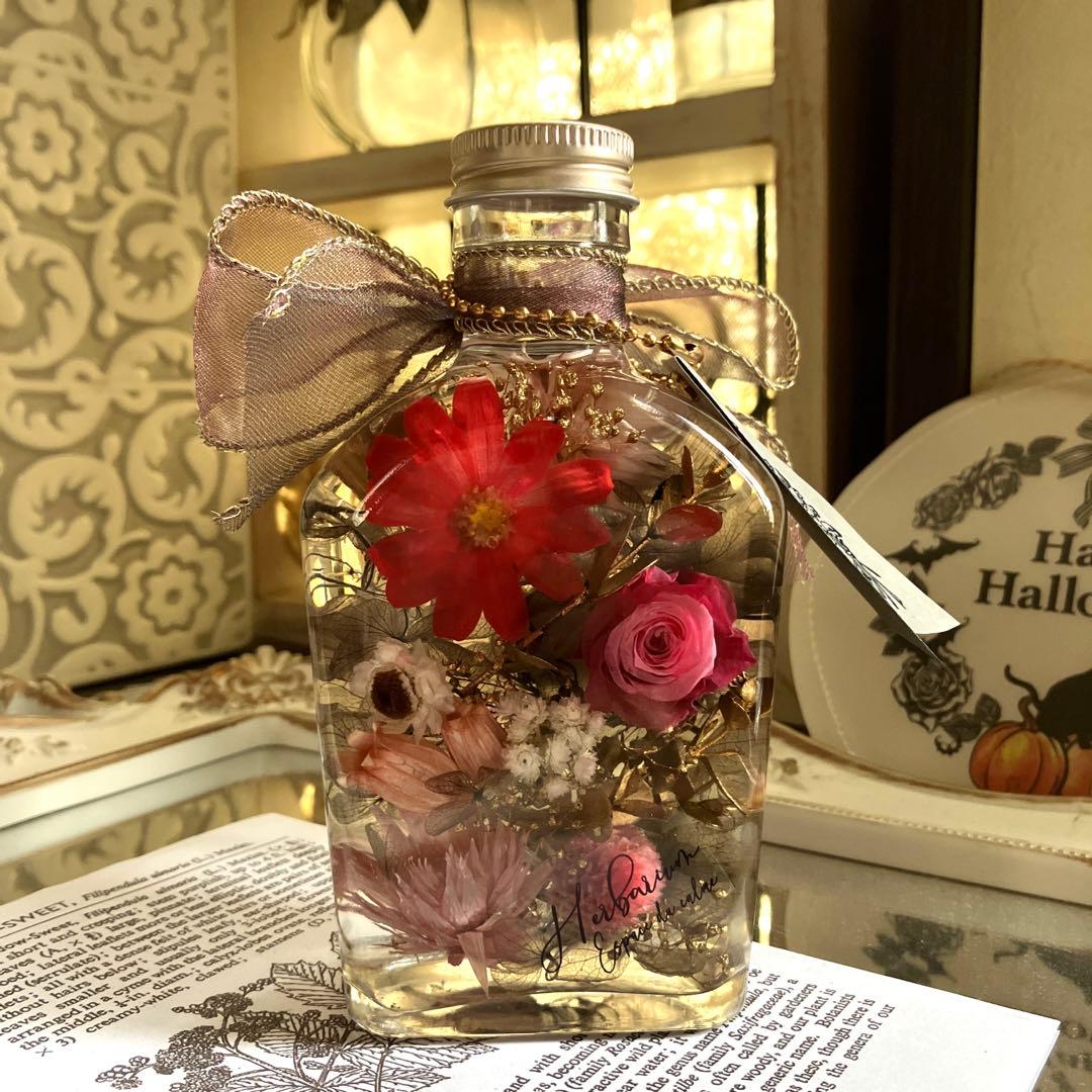 ◆ハーバリウム　250 赤いバラとジニアのbottle*.:。✿*゜¨