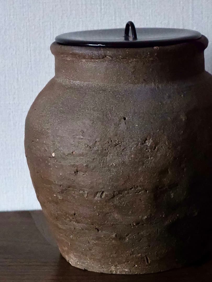 古備前焼　備前水指　塗蓋　茶道具　箱付　Q2371