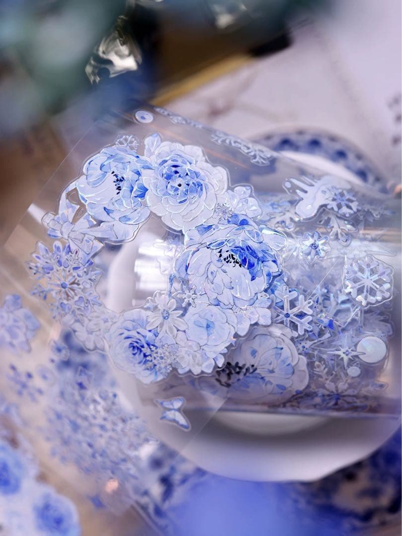 【9571】海外　6m巻　貝殻光カッティングマスキングテープ　青　お花装飾系