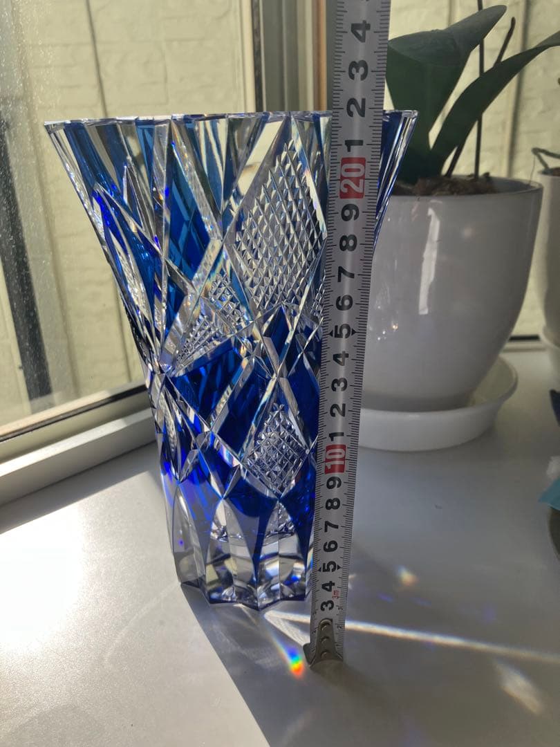 最終価格！！昭和レトロ◆江戸切子◆花器 花瓶◆昭和後期◆青被せ カットガラス