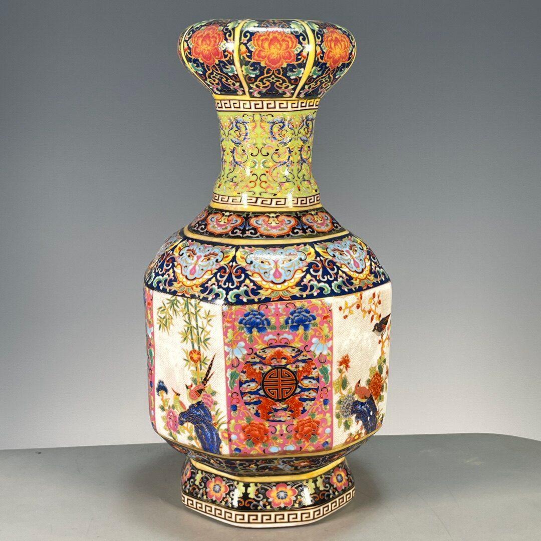 景徳鎮 琺瑯彩八方来財花鳥賞瓶 陶磁器 装飾品 現代工芸品 美術品 置物