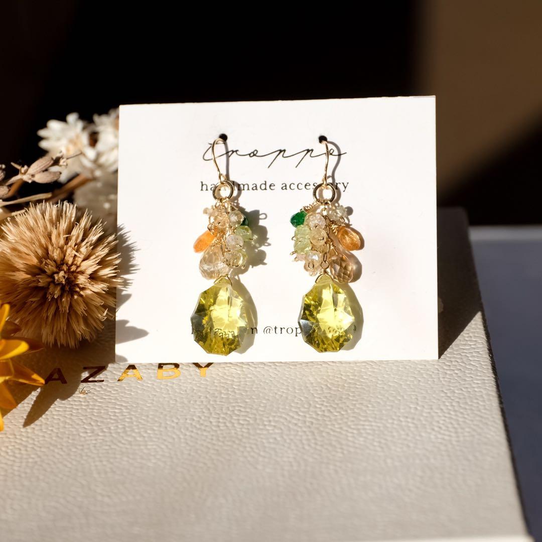 14kgfレモンクォーツロゼッタカービングピアス/イヤリング