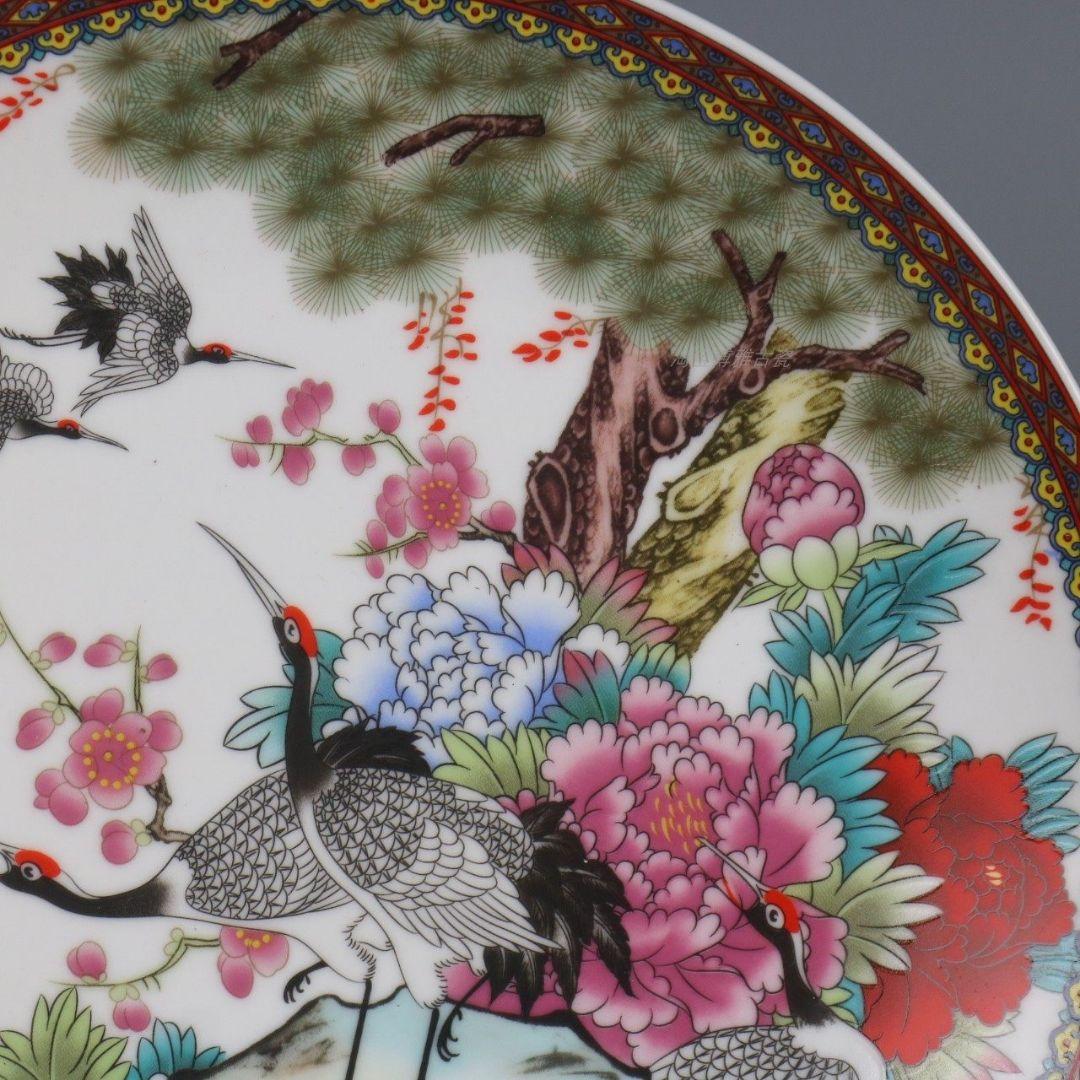 パステル松鶴図盤 景徳鎮 陶磁器 装飾品 現代工芸品 美術品 置物