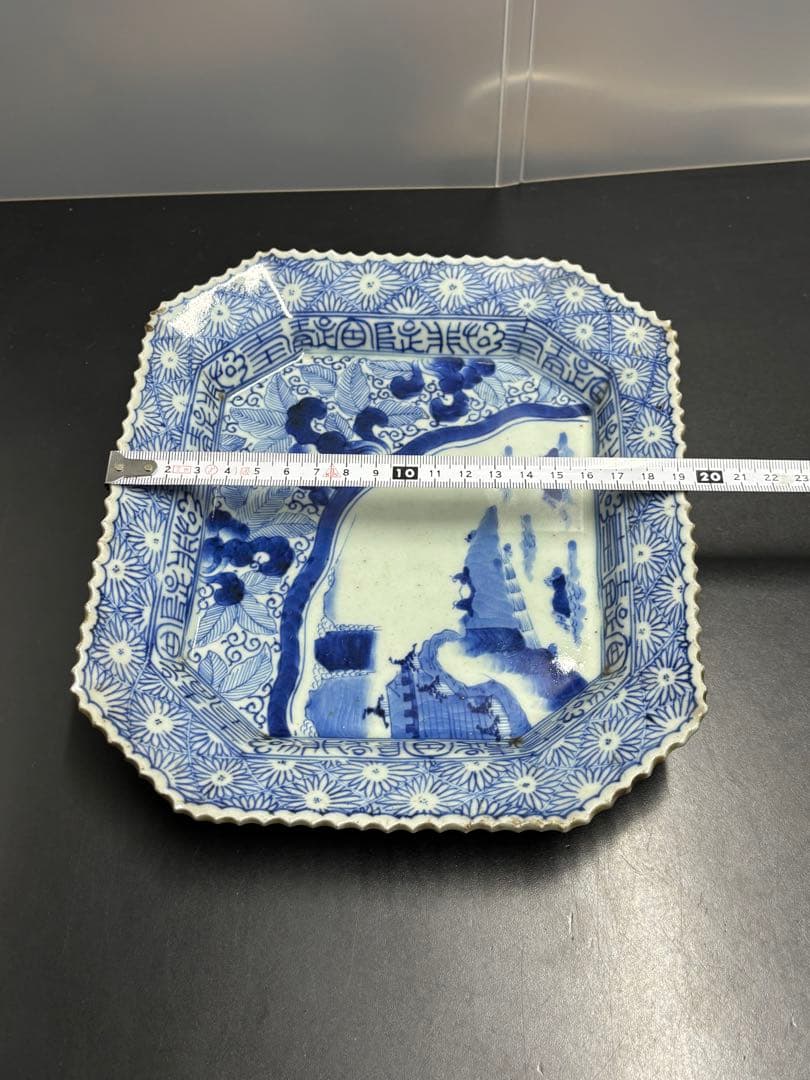 古伊万里 江戸期 染付山水文隅切長角皿 幕末 成化年製 手描き オールドイマリ