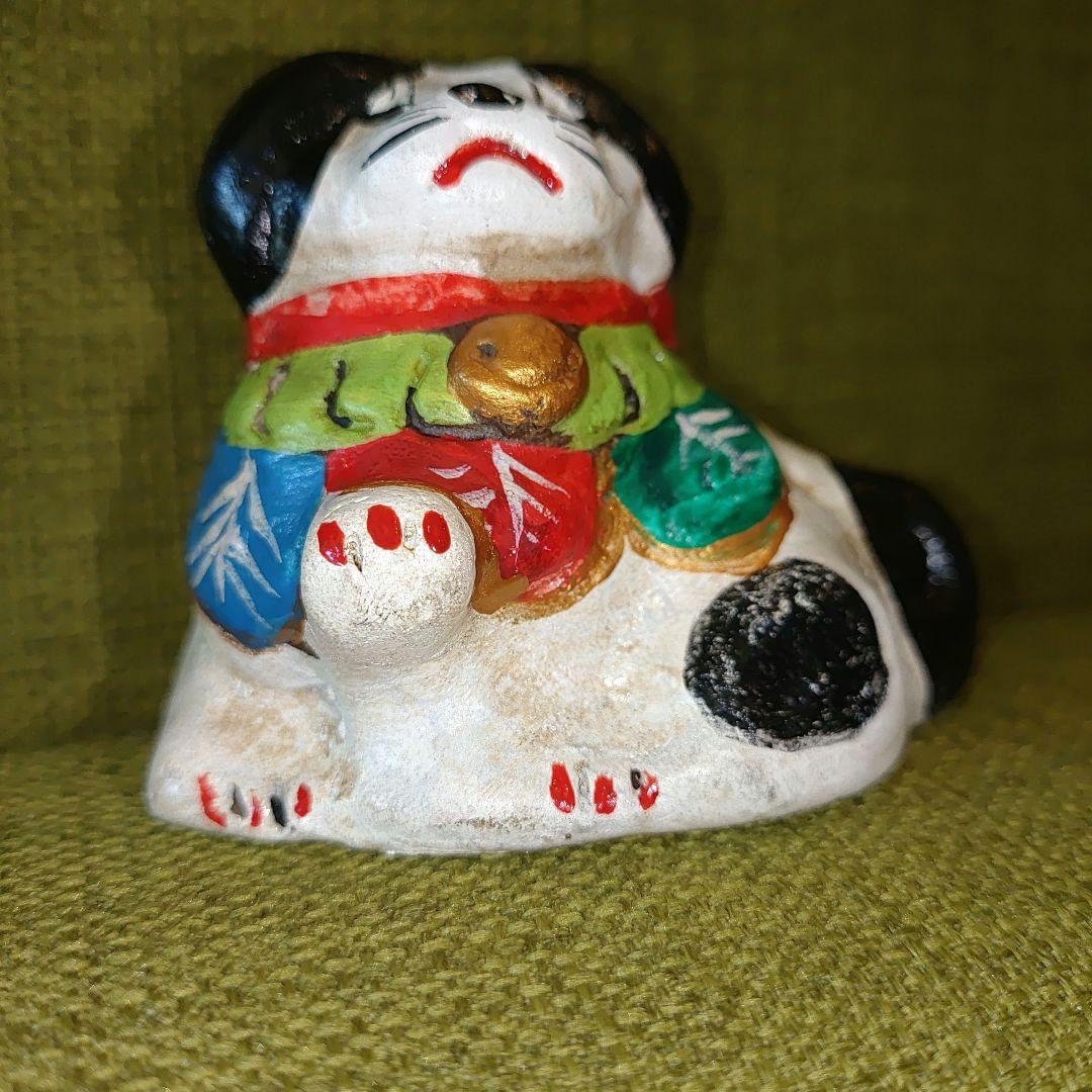 昭和レトロ　土人形　狆　お手をしている犬の陶器鈴置物