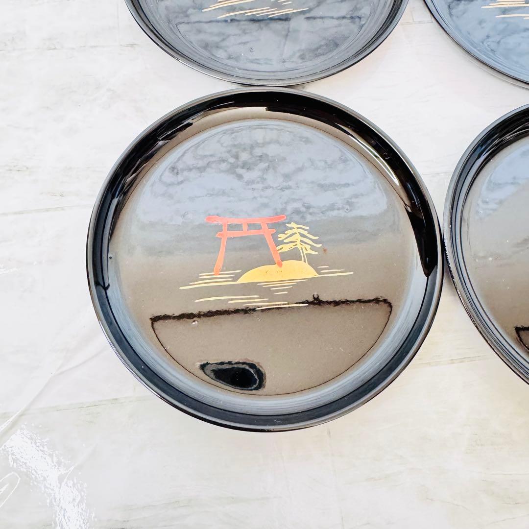 新品　漆器 豆皿 6枚セット★日本の風景 金彩 黒塗★10.5cm 別柄 縁起物