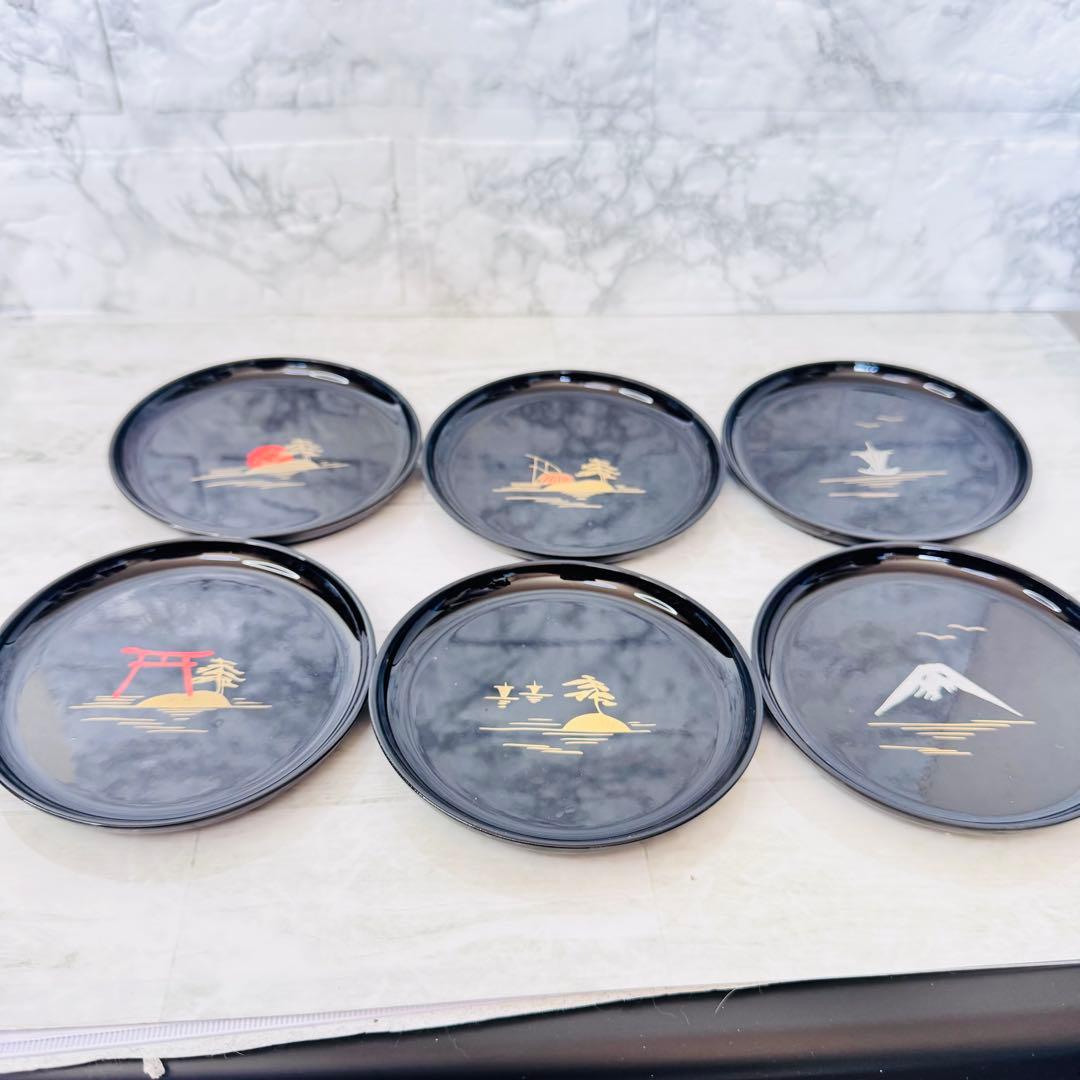 新品　漆器 豆皿 6枚セット★日本の風景 金彩 黒塗★10.5cm 別柄 縁起物