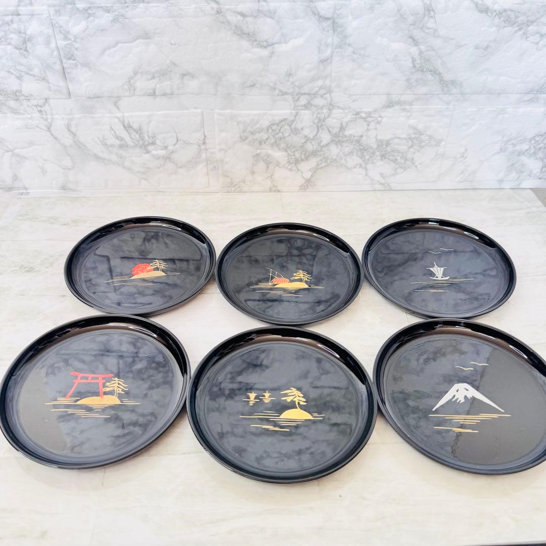 新品　漆器 豆皿 6枚セット★日本の風景 金彩 黒塗★10.5cm 別柄 縁起物