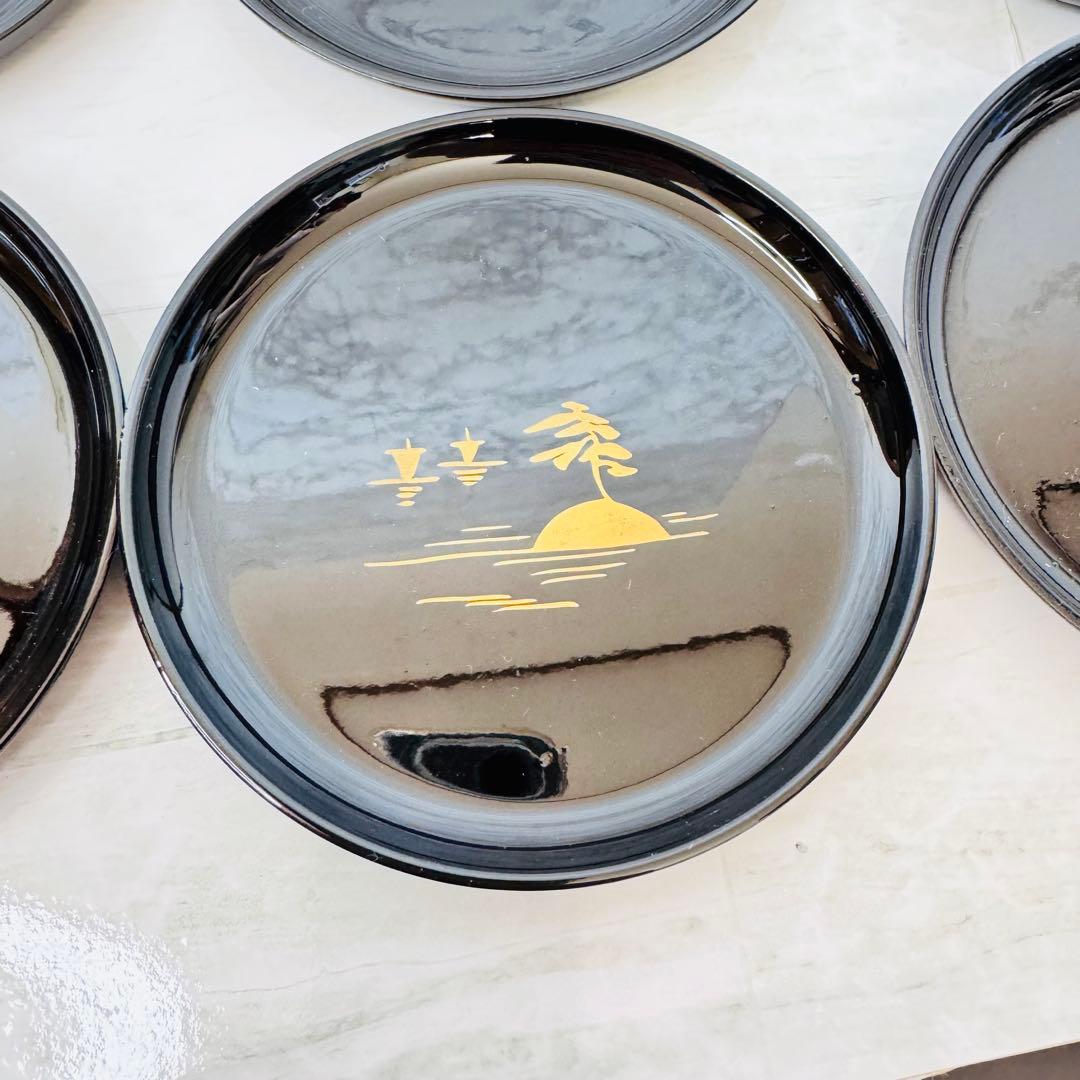 新品　漆器 豆皿 6枚セット★日本の風景 金彩 黒塗★10.5cm 別柄 縁起物