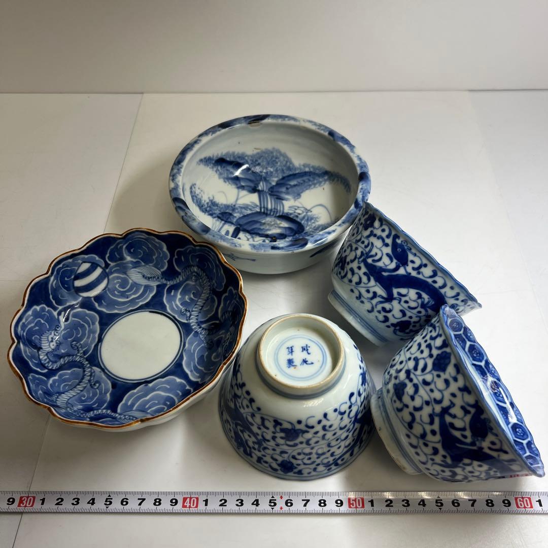 古伊万里　染付鉢色々5客　幅約11/15.5/16㎝　東Y8-0402①