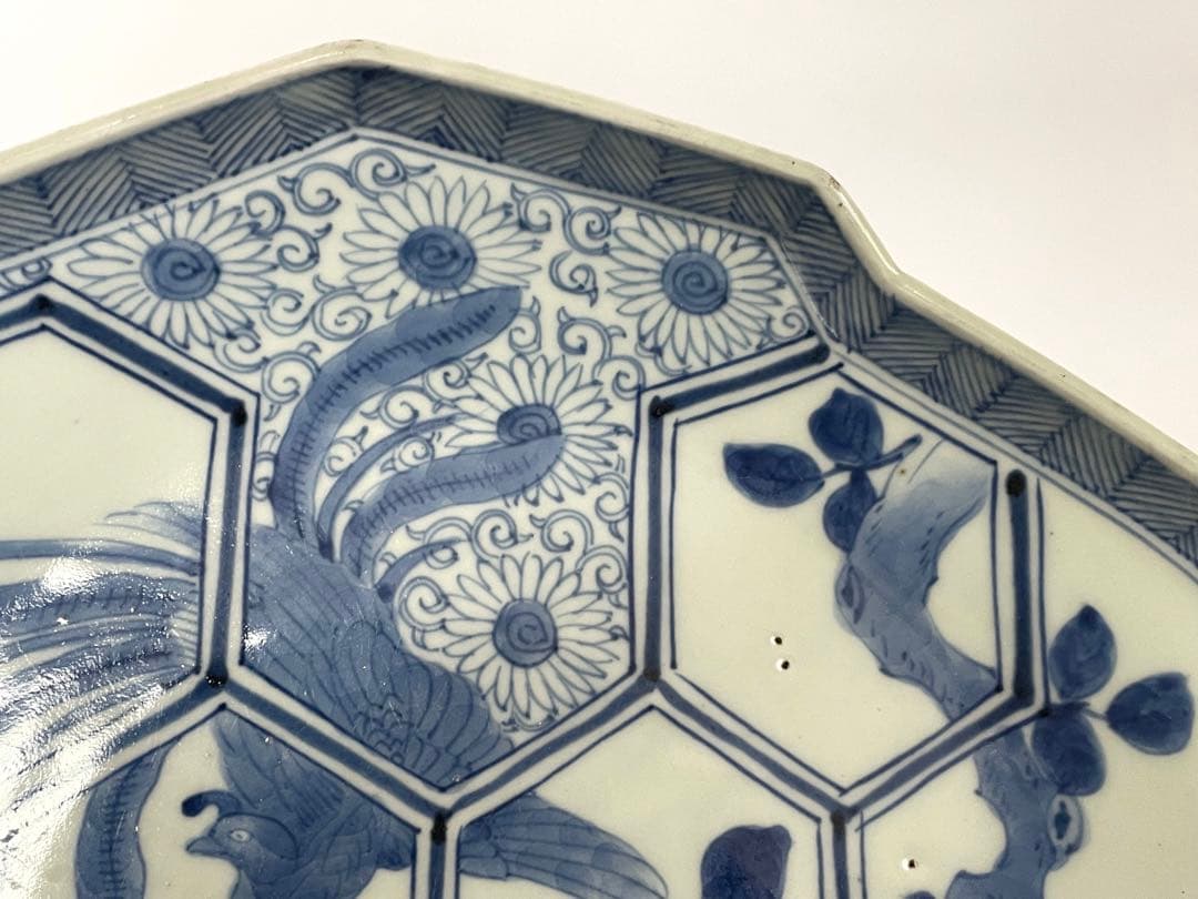 骨董　アンティーク　古伊万里　染付　鳳凰牡丹図　菱形皿　大皿　飾り皿　お正月