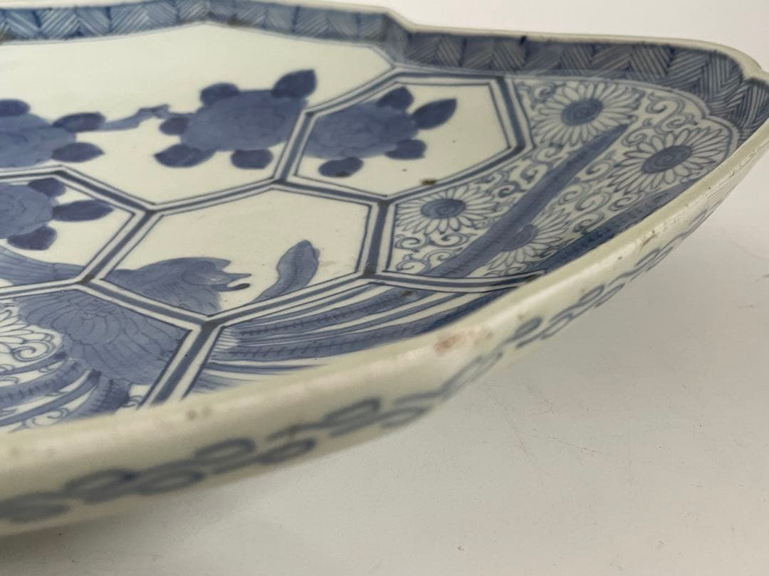 骨董　アンティーク　古伊万里　染付　鳳凰牡丹図　菱形皿　大皿　飾り皿　お正月