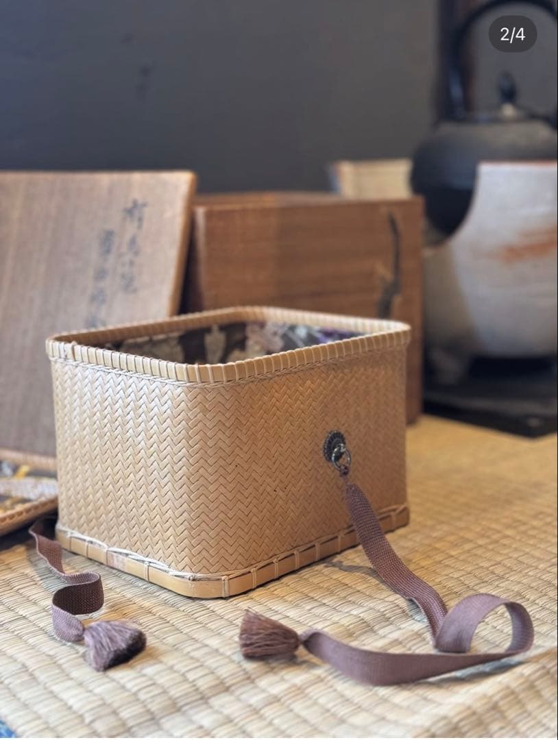 【希少】茶籠 有馬籠 竹編 共箱上質竹細工 内布張 煎茶道具 茶道具 時代竹細工