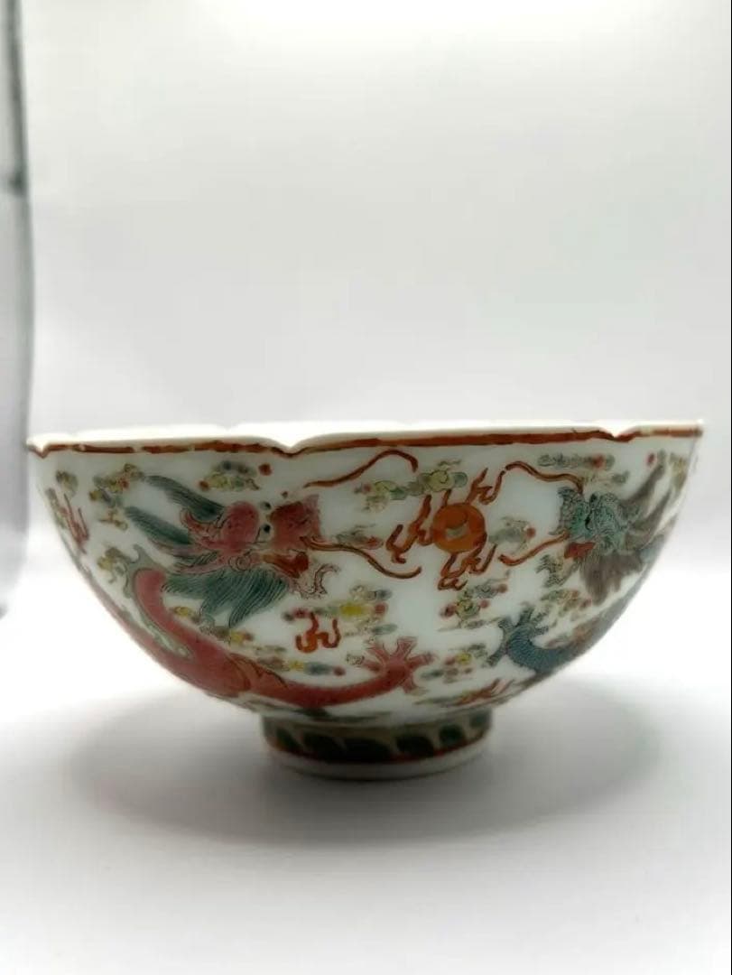 【中国古美術】大清雍正年製 銘 五彩双龍文 輪花碗 小鉢 煎茶道具 骨董