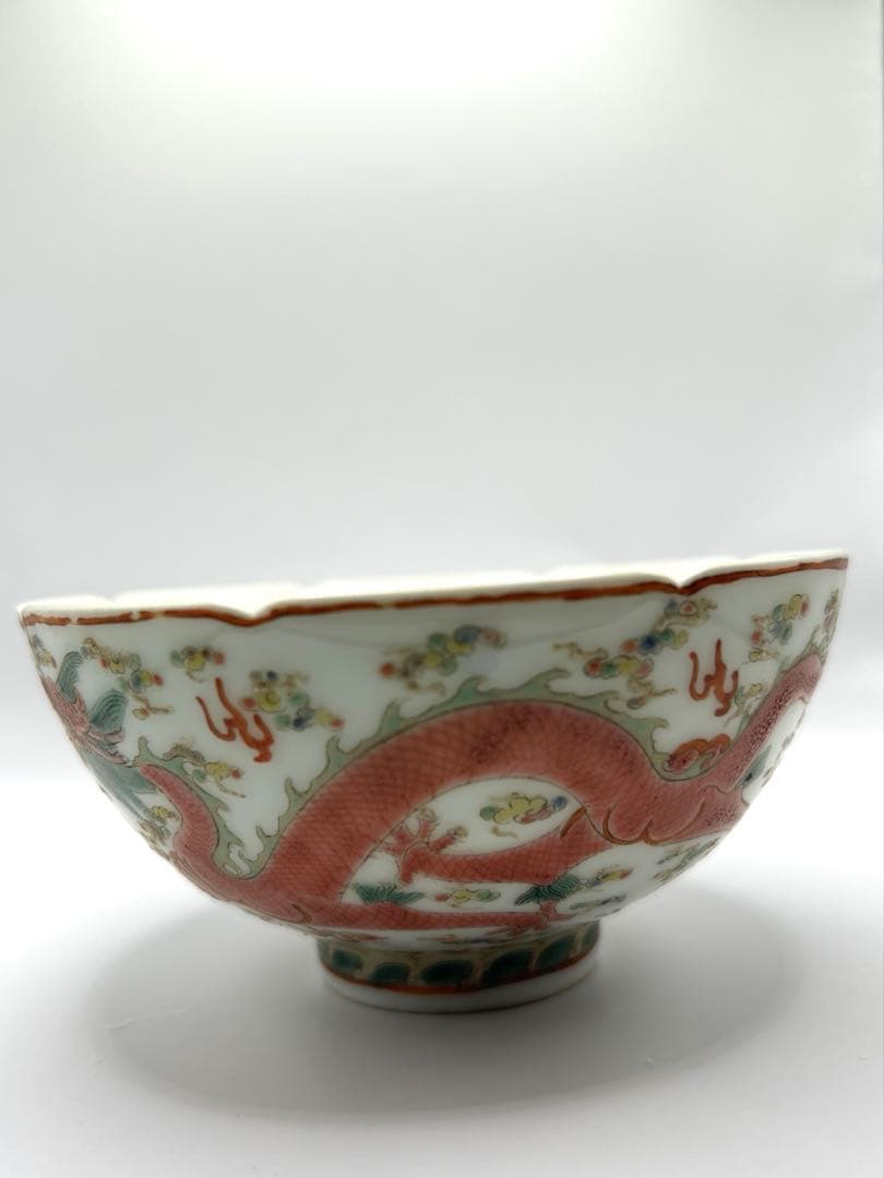 【中国古美術】大清雍正年製 銘 五彩双龍文 輪花碗 小鉢 煎茶道具 骨董