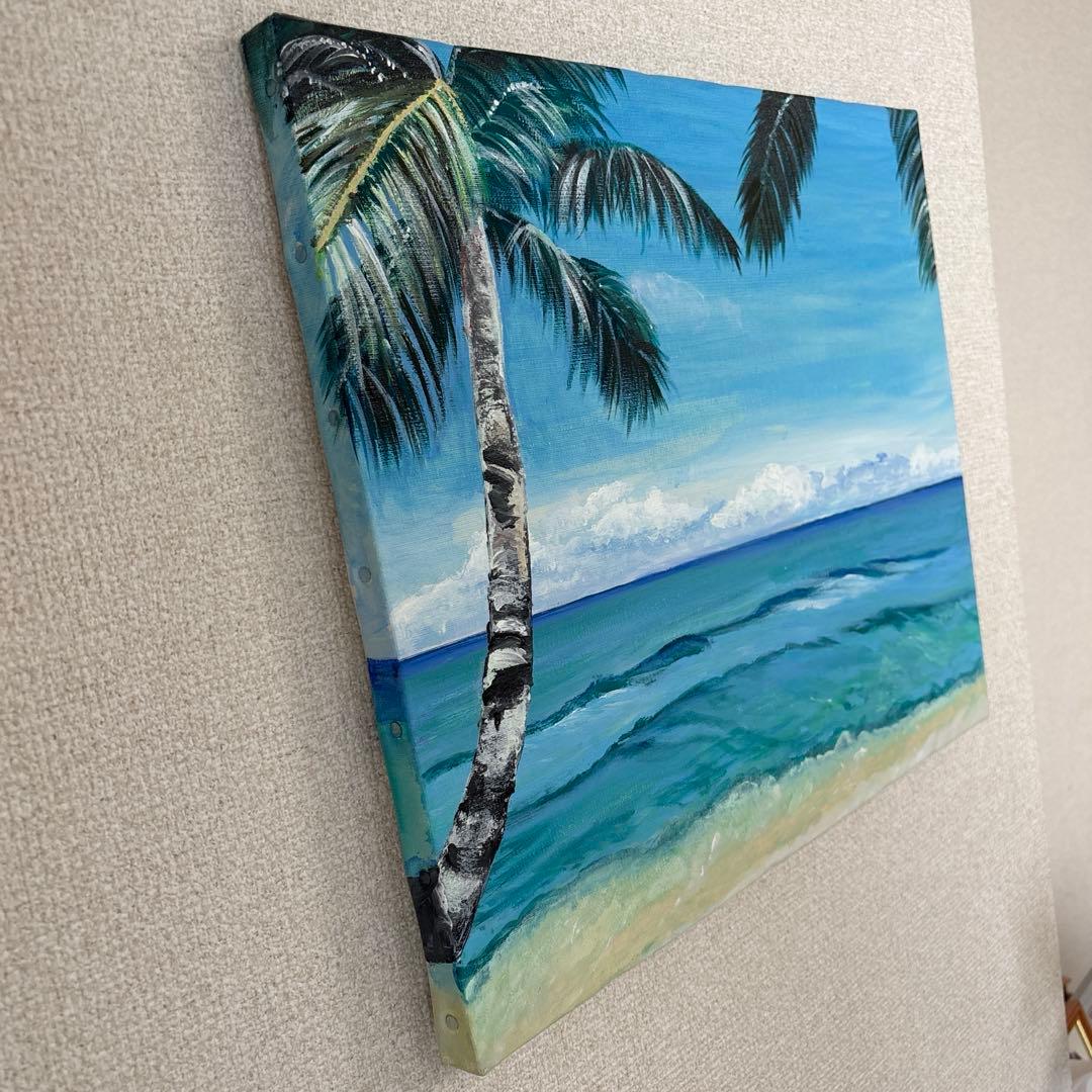 トロピカル海の風景画　アクリル画　南国　海　ヤシの木　癒し　ハワイ