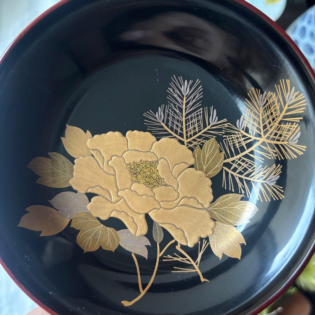 時代　溜塗漆に豪華絢爛、美しい牡丹蒔絵お椀5点　（検輪島塗蒔絵椀雑煮椀