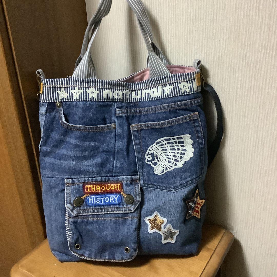 ハンドメイド　リメイクデニムトートバッグ　 Dカン＆ショルダーストラップ付き