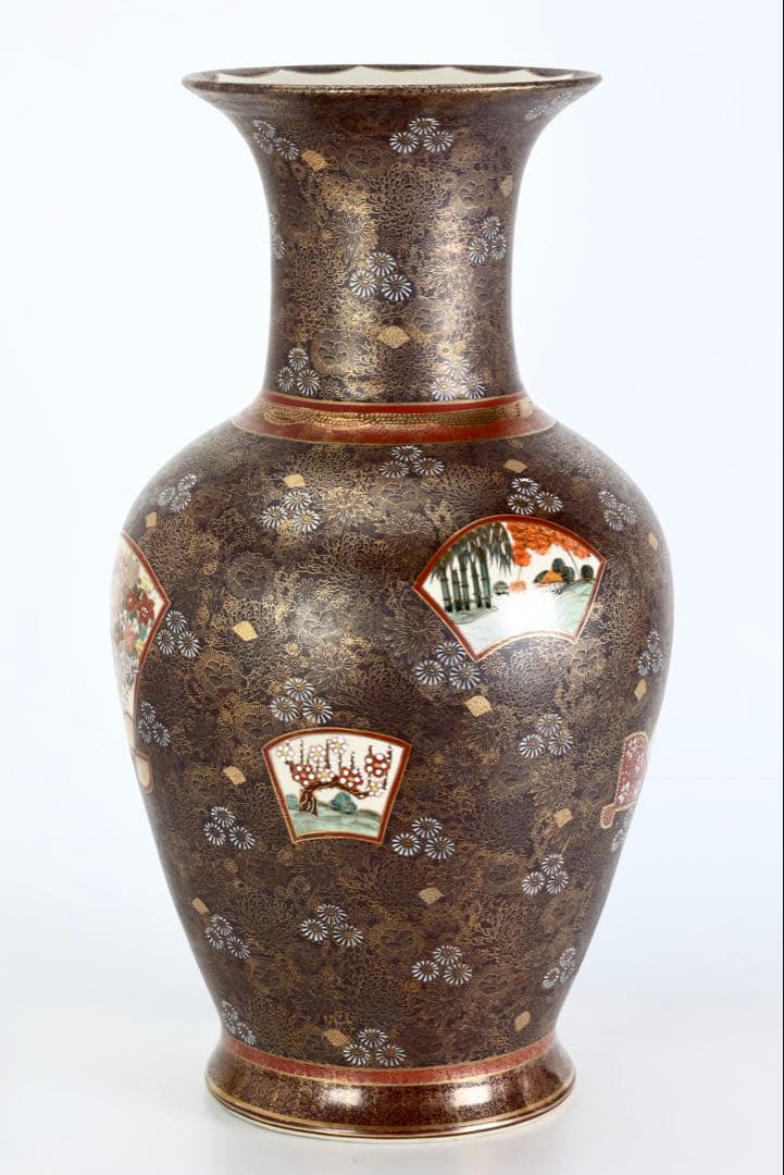 九谷連山 金襴手花詰扇面楼閣山水図 大花瓶61㎝ 色絵金彩 飾壺 古美術 骨董品