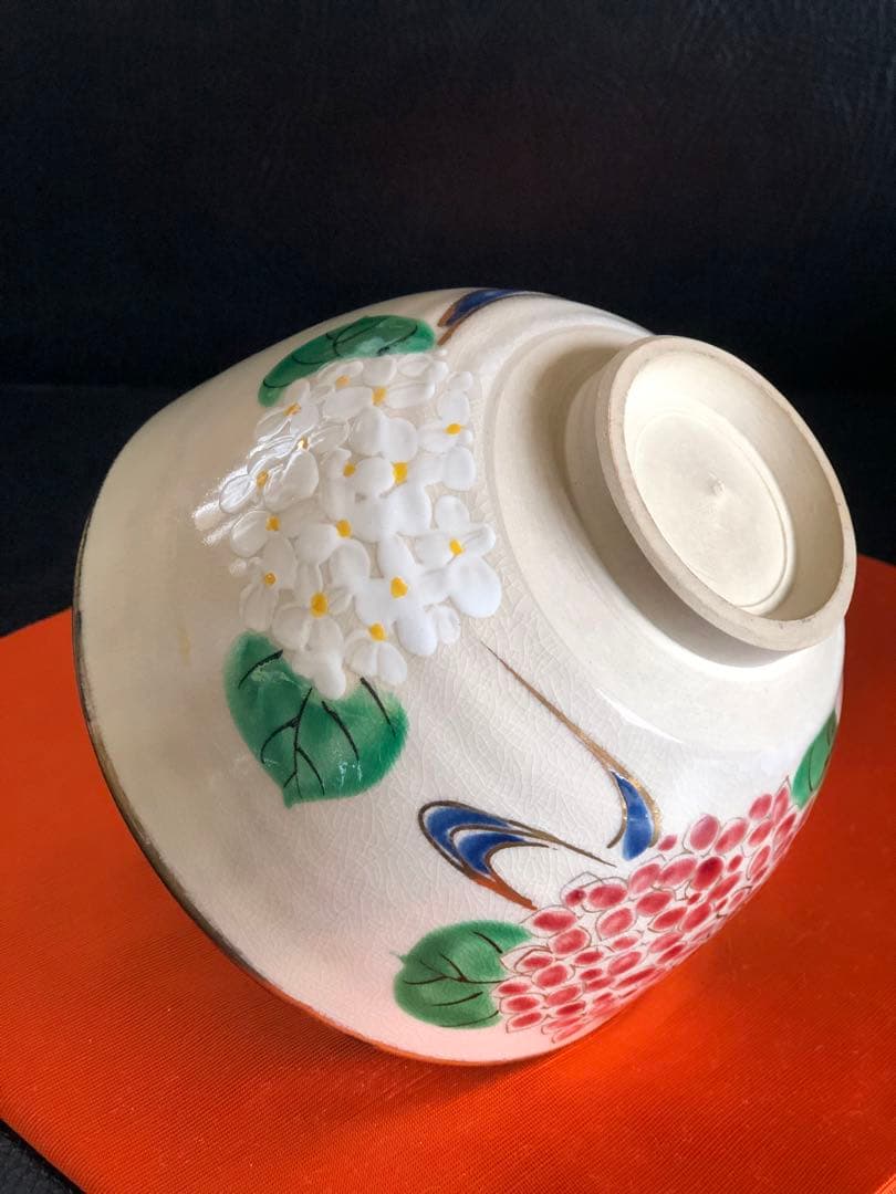 長谷川翠香作　京焼　抹茶碗　紫陽花図　色絵金銀彩　茶道具　箱無