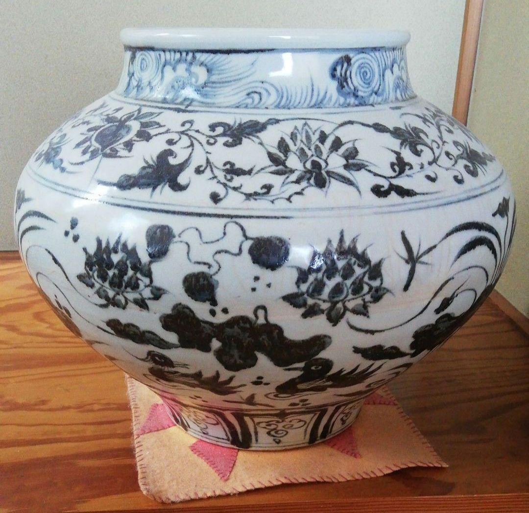最終値下げ　中国骨董貴重陶芸　中国陶磁器を代表する元染付といわれる蓮と水鳥図大缶
