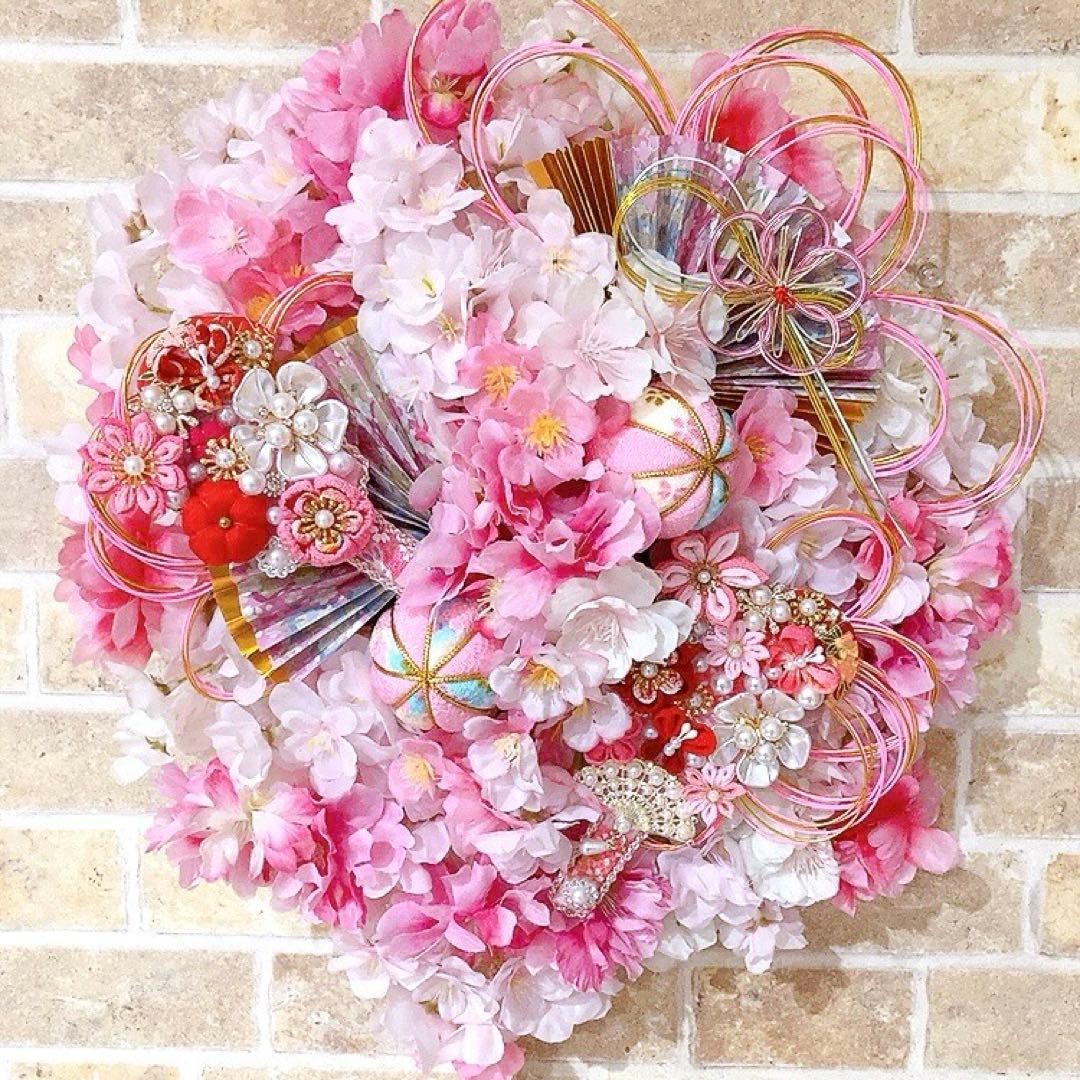 華やか！桜リース♡八重桜と手鞠♡羽子板飾りのひな祭りリース♡造花リース
