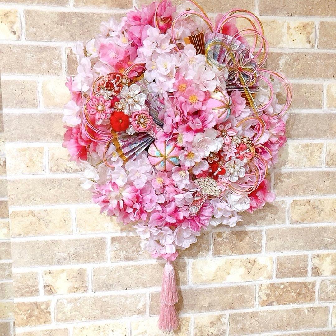 華やか！桜リース♡八重桜と手鞠♡羽子板飾りのひな祭りリース♡造花リース