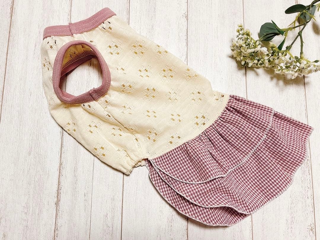 犬服 2段フリルワンピース ソルメッシュ ピンク　DM ハンドメイド