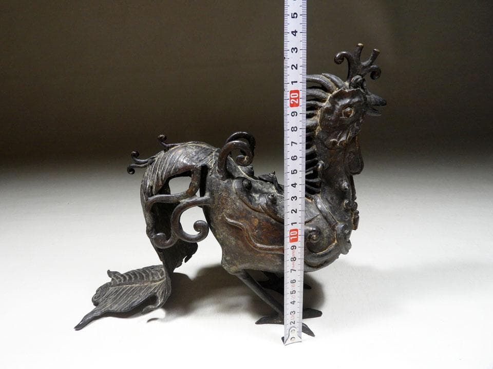 ●希少 時代物 古銅 大きい 鳳凰像 鳥獣 斑紫銅色 宣徳銅 唐金 高さ23cm
