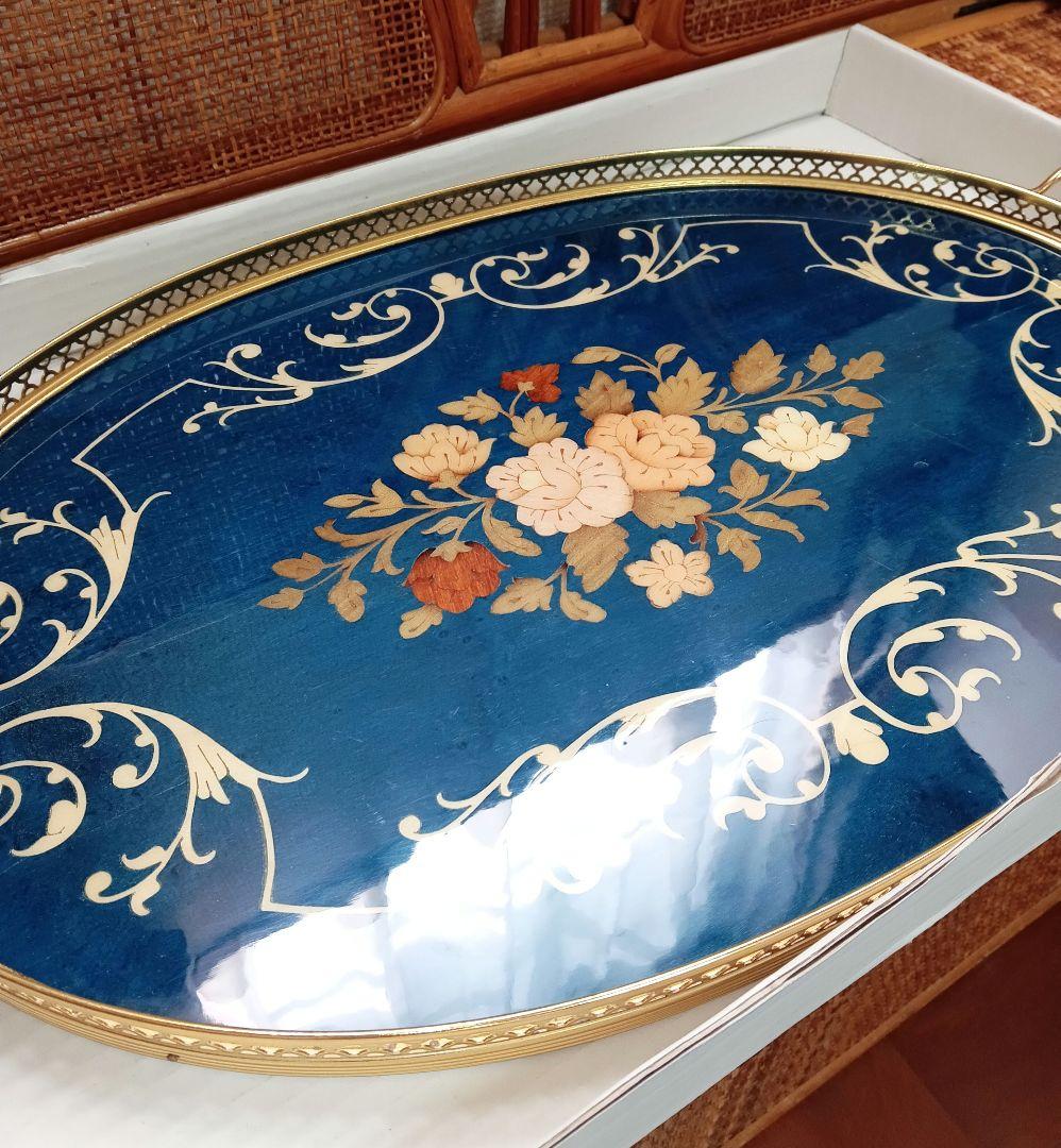 青い花柄の楕円形アンティークレトロトレイ おぼん西洋トレー