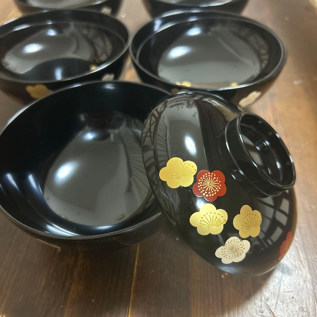 高級漆器 伝統工芸 漆塗 蓋付き お吸物椀 5客　梅 金蒔絵 会津塗