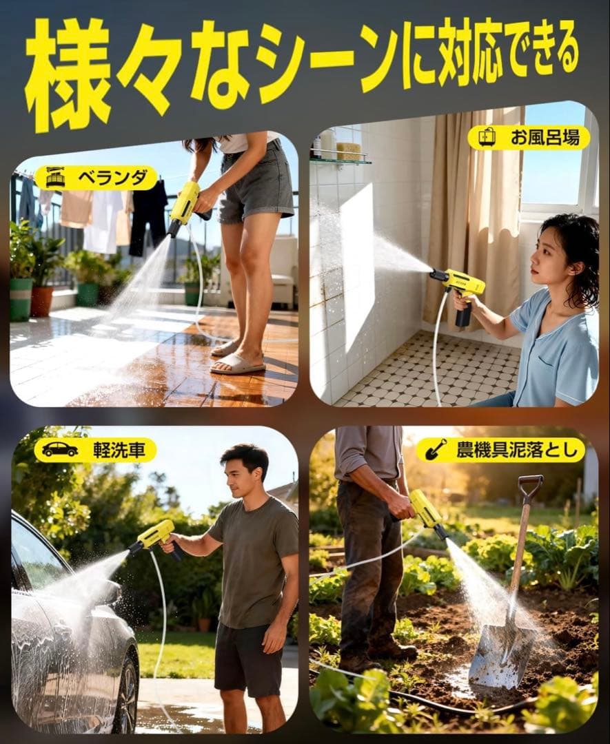 コードレス高圧洗浄機 充電式 超ミニ 折畳式 ポータブル 軽量小型 70分間連続