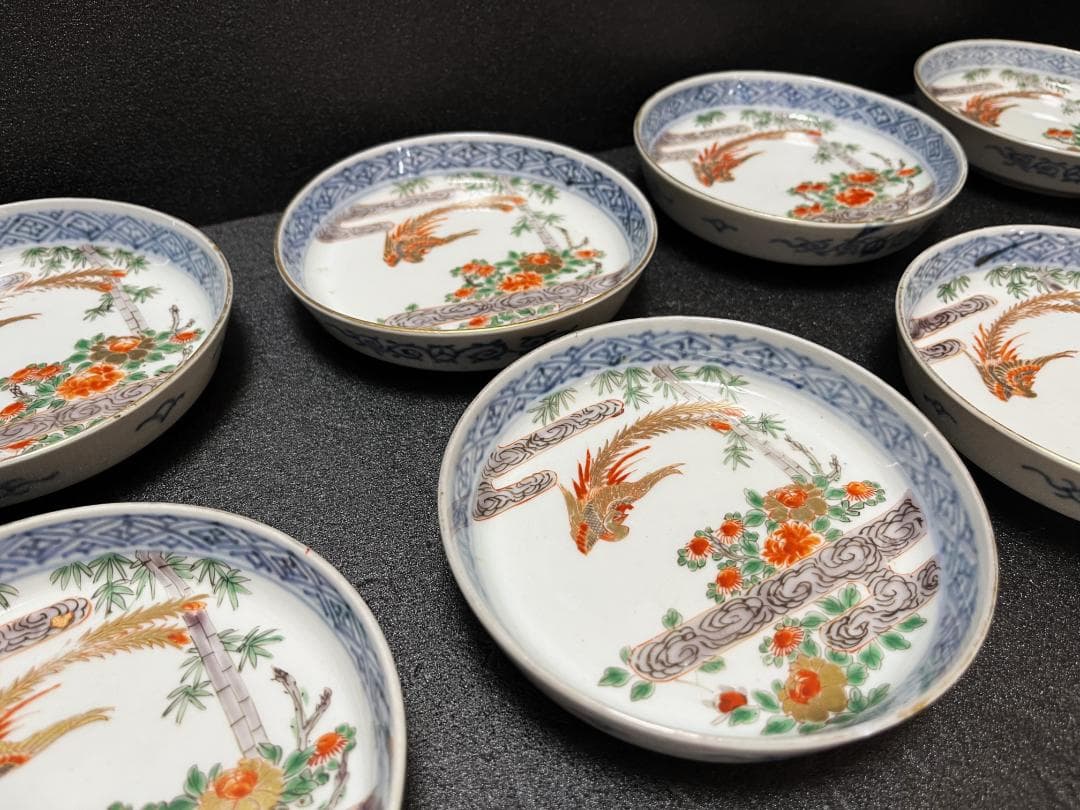 古伊万里　鳳凰　金彩　なます皿　平皿　明治期　８客