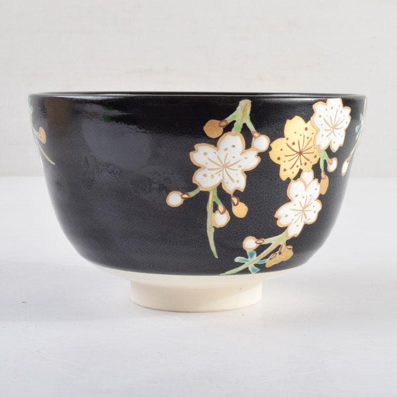 茶道具　京焼　平安桐鳳造　黒仁清　色絵金彩　桜文　茶碗　共布共箱　V　8951