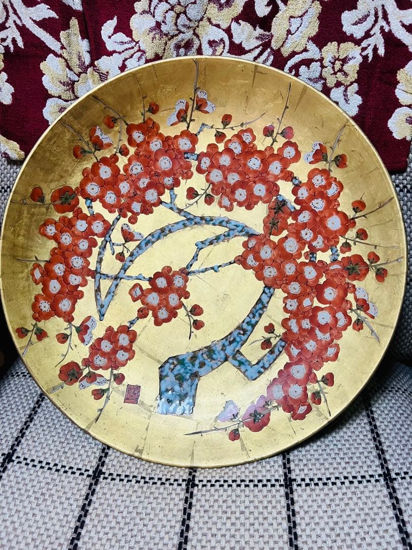 有田焼 琥山窯 小野琥山作 梅紋金箔押 飾皿 大皿 直径約45cm 工芸品