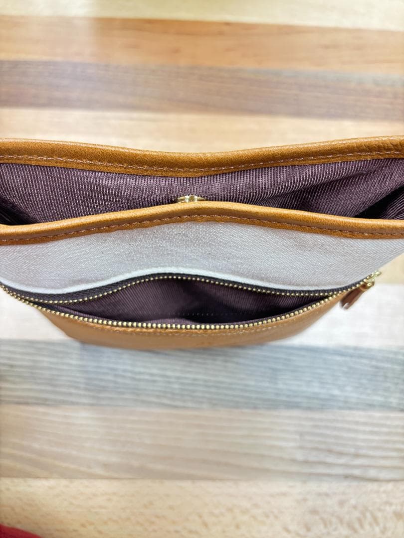 本革×帆布 サコッシュ 茶 小鳥柄 金具色ゴールド ショルダーバッグ