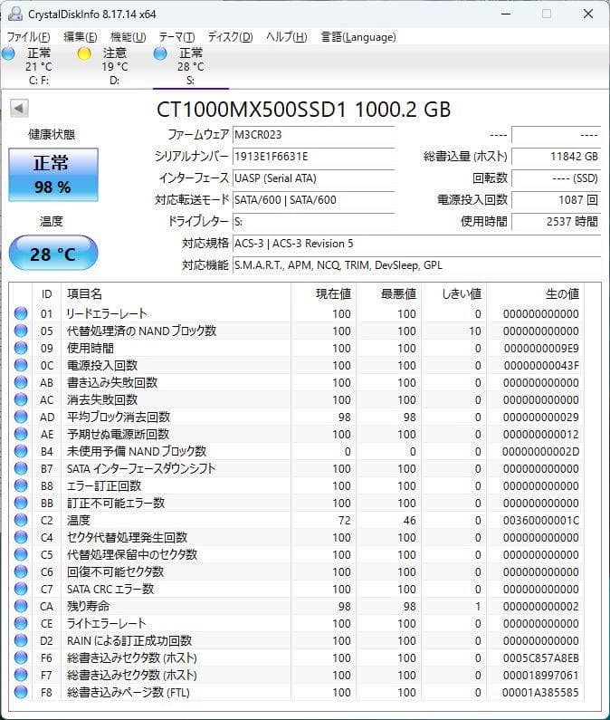 ★ SSD CT1000 MX500 1TB 電源投入1087回 2537時間