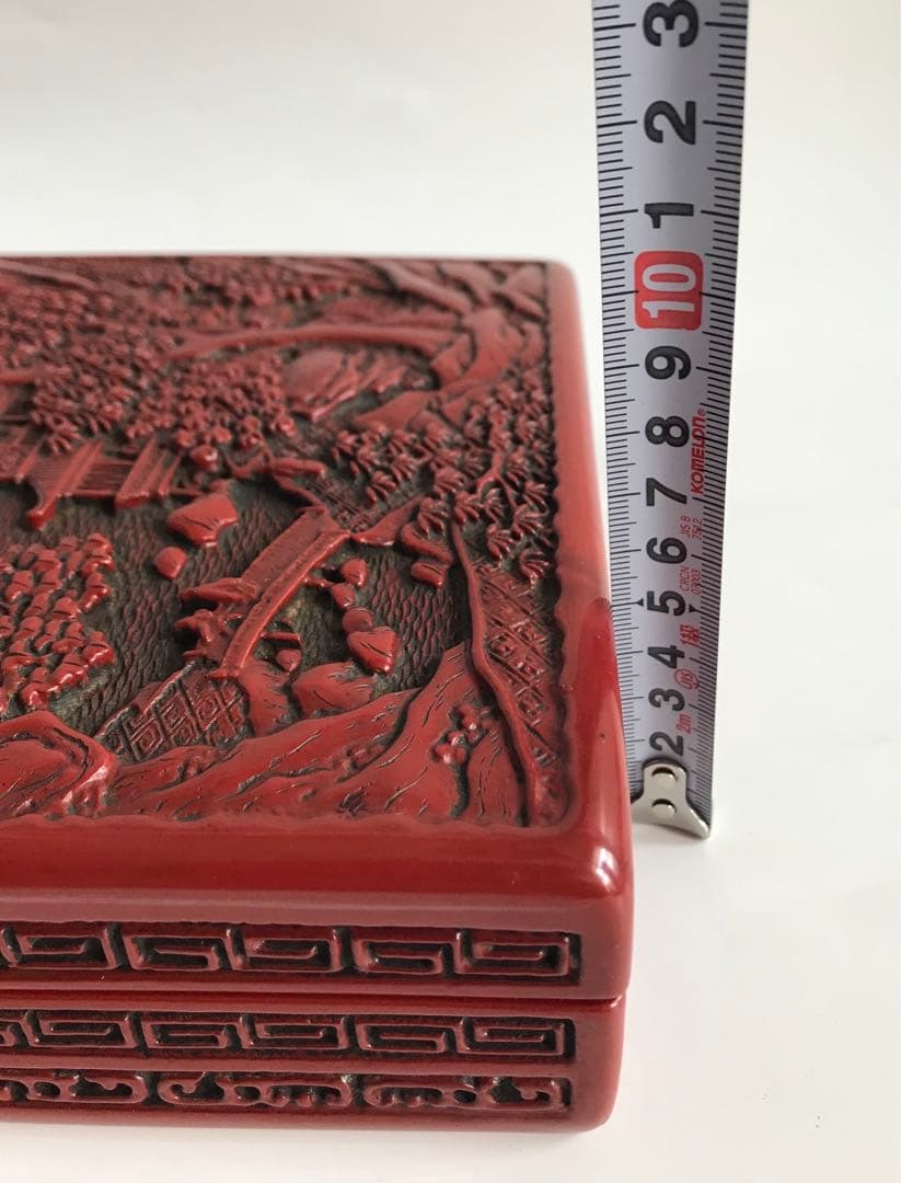 堆朱　山水人物図　硯箱　道具箱　文箱　伝統工芸品　彫刻漆器