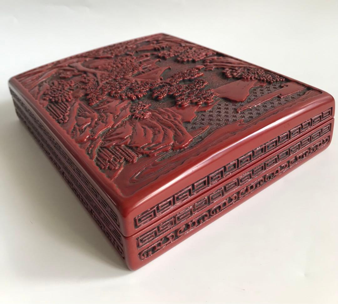 堆朱　山水人物図　硯箱　道具箱　文箱　伝統工芸品　彫刻漆器