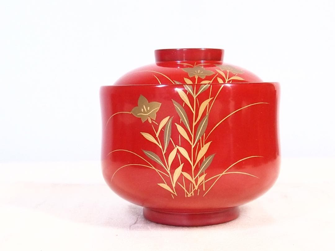 【美品】輪島塗 西久保田漆器店 朱塗 桔梗蒔絵 小吸物椀 5客 瓢型 漆器/食器