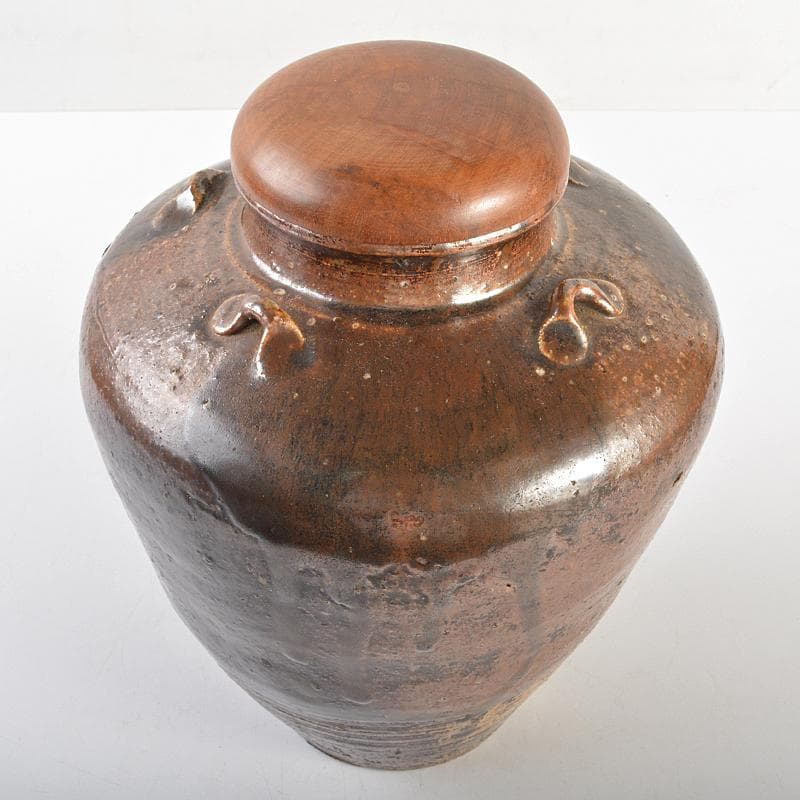 瀬戸焼　古瀬戸　四耳壷　葉茶壷　木製蓋付　高さ約24cm　時代箱　VR7341B
