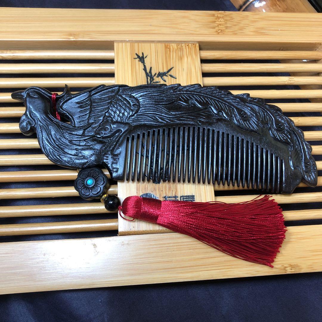 純天然高密度檀木　一枚板鳳凰櫛