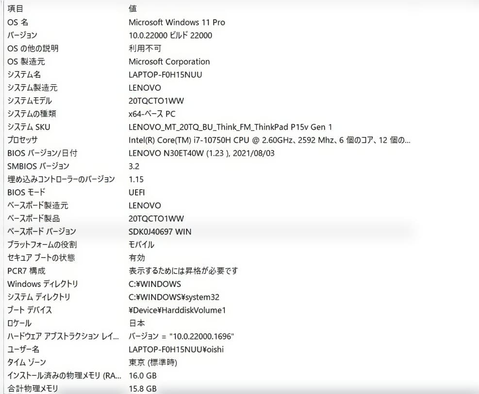 Lenovo ThinkPad P15v Gen1 15.6インチCore i7